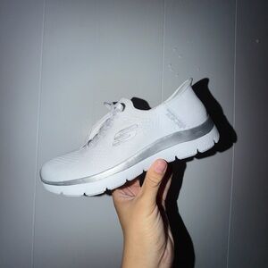 Women Skechers White and Silver Slip-On Trainer